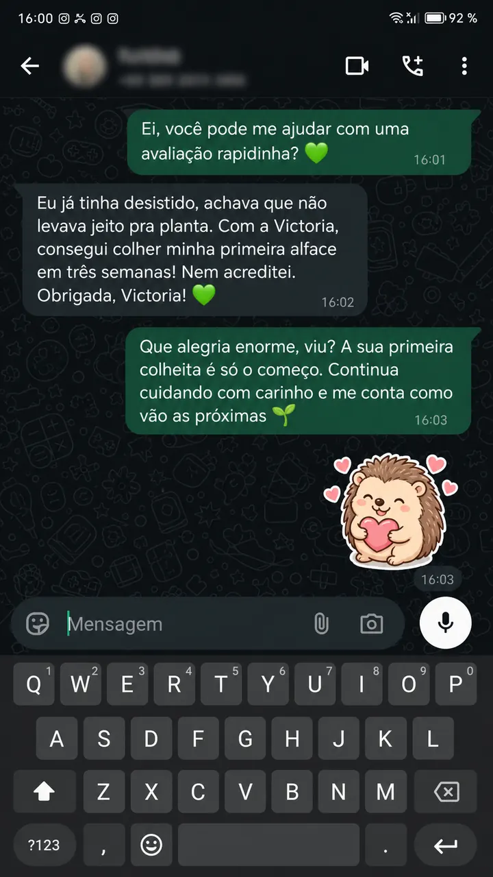 Mensagem de aluna sobre colher a primeira alface